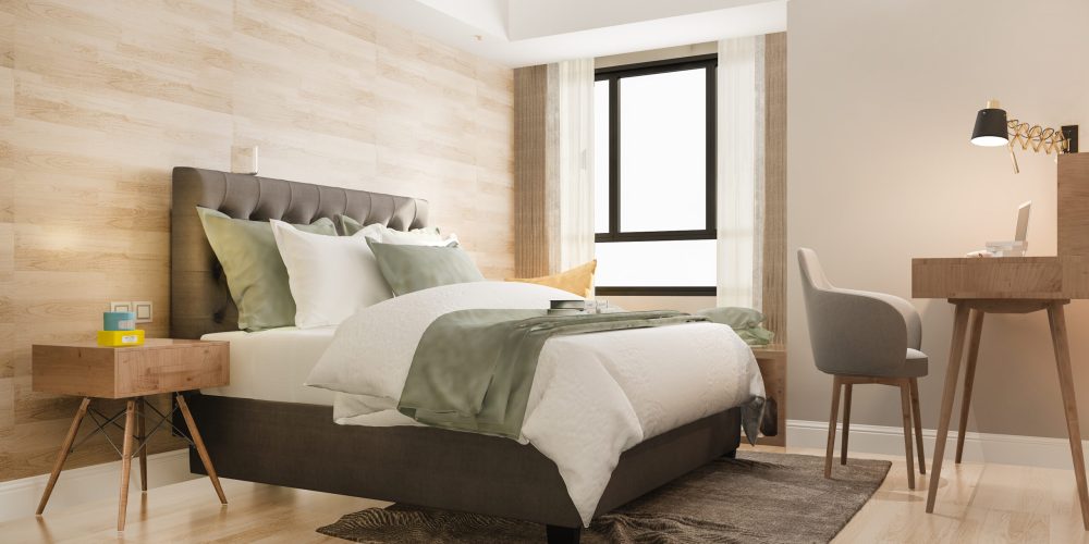 3d rendering beautiful luxury bedroom suite in hotel with working table